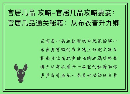 官居几品 攻略-官居几品攻略妻妾：官居几品通关秘籍：从布衣晋升九卿